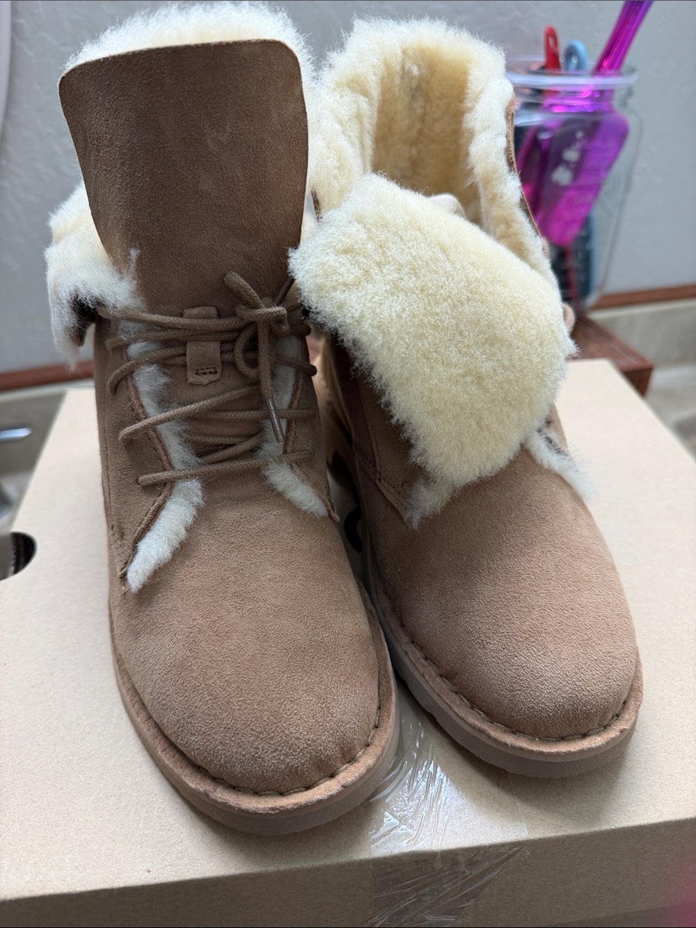 UGG Chestnut Suede Shearling-Lined Lace-Up Ankle Boots